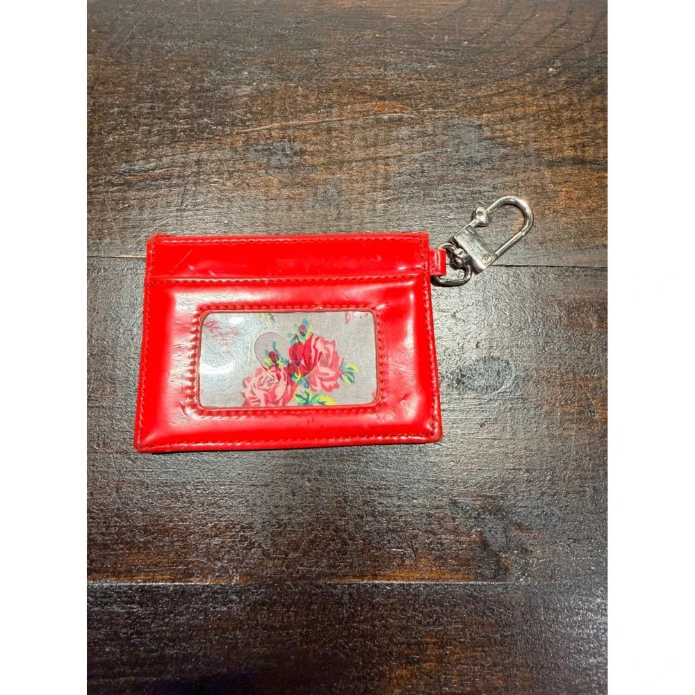 Betsey Johnson Red Patent Card‎ Holder Wallet Keychain ID Window Heart Logo